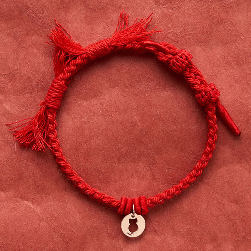 Buddha Stones 925 Sterling Silver Red String Protection Cat Round Hollow Design Charm Bracelet