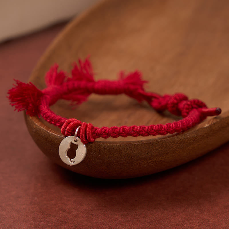 Buddha Stones 925 Sterling Silver Red String Protection Cat Round Hollow Design Charm Bracelet