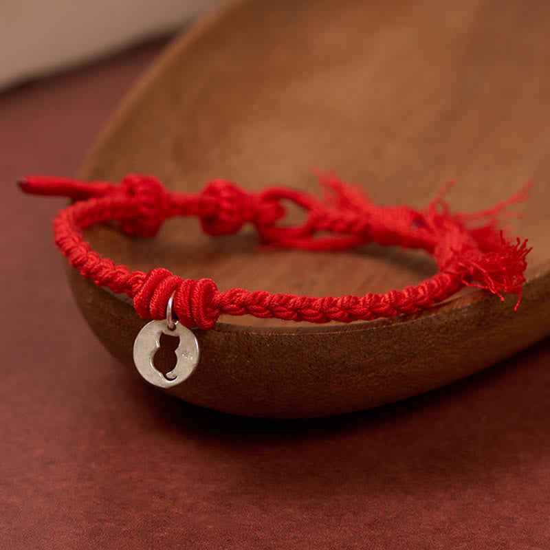Buddha Stones 925 Sterling Silver Red String Protection Cat Round Hollow Design Charm Bracelet