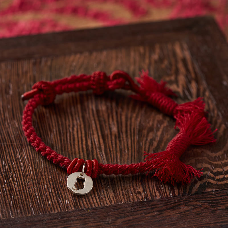 Buddha Stones 925 Sterling Silver Red String Protection Cat Round Hollow Design Charm Bracelet