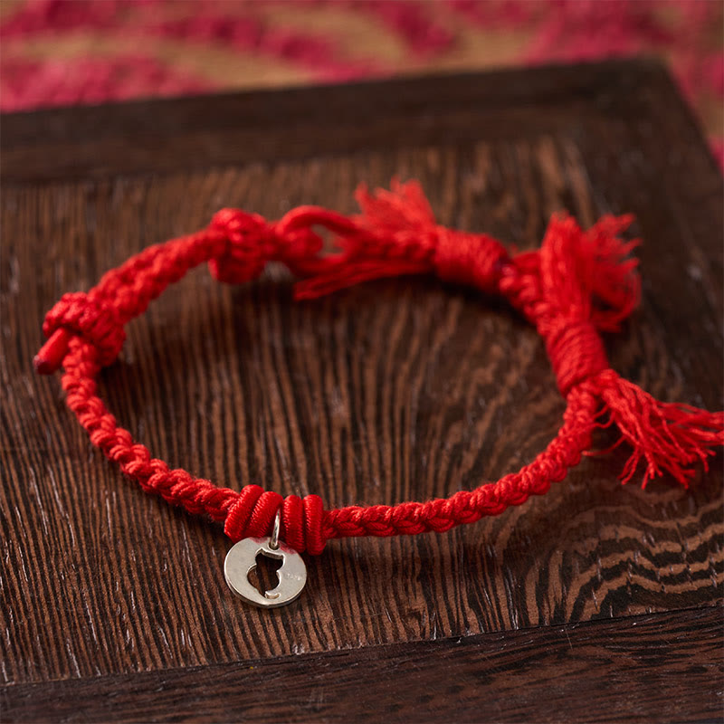 Buddha Stones 925 Sterling Silver Red String Protection Cat Round Hollow Design Charm Bracelet