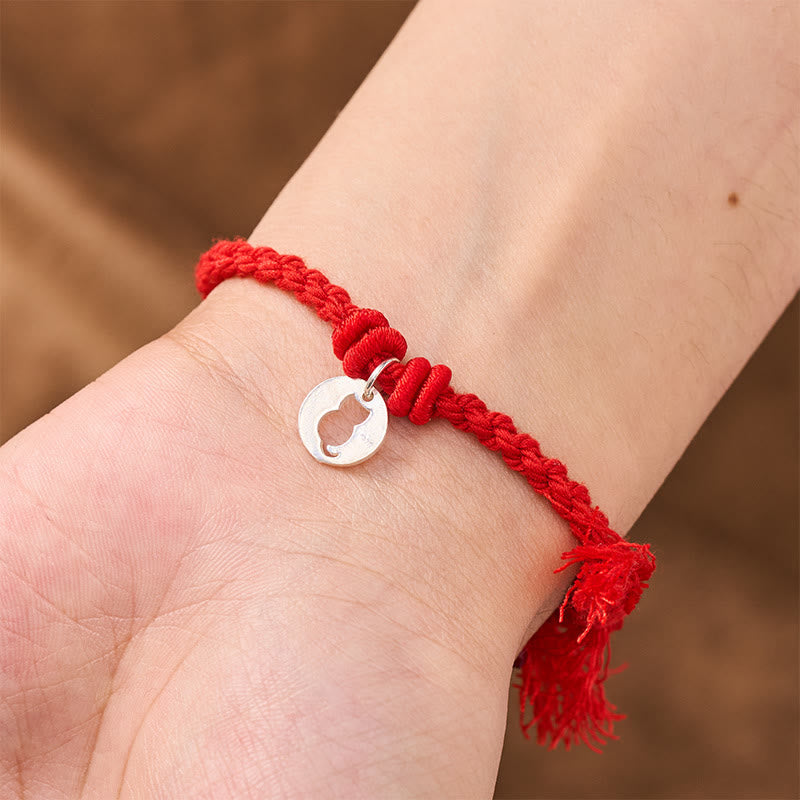 Buddha Stones 925 Sterling Silver Red String Protection Cat Round Hollow Design Charm Bracelet