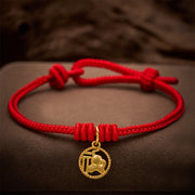 Buddha Stones Elephant Fu Character Gold Plated Copper Red String Wealth Bracelet