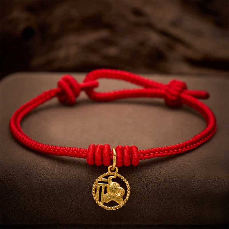 Buddha Stones Elephant Fu Character Gold Plated Copper Red String Wealth Bracelet
