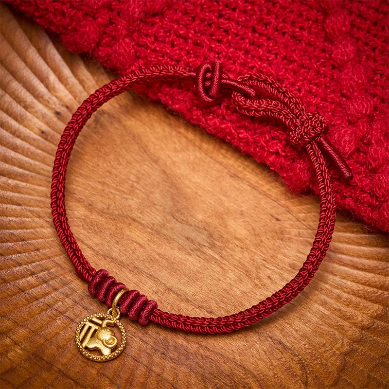 Buddha Stones Elephant Fu Character Gold Plated Copper Red String Wealth Bracelet