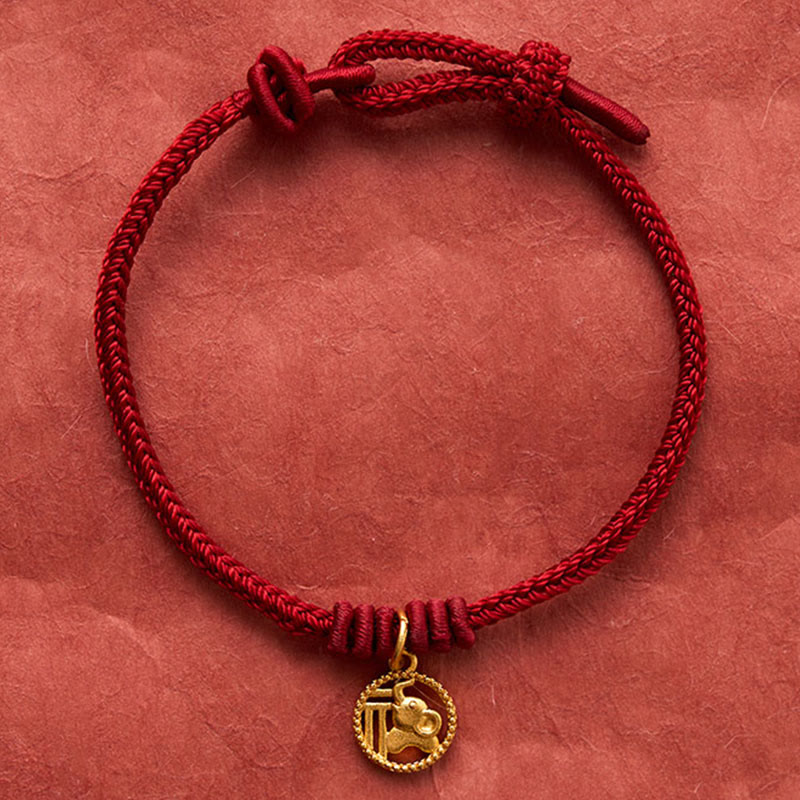Buddha Stones Elephant Fu Character Gold Plated Copper Red String Wealth Bracelet