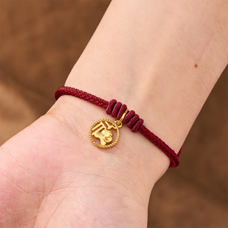 Buddha Stones Elephant Fu Character Gold Plated Copper Red String Wealth Bracelet