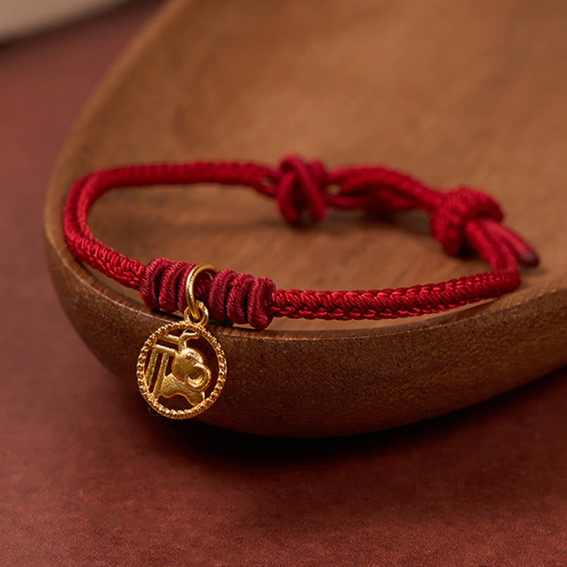 Buddha Stones Elephant Fu Character Gold Plated Copper Red String Wealth Bracelet