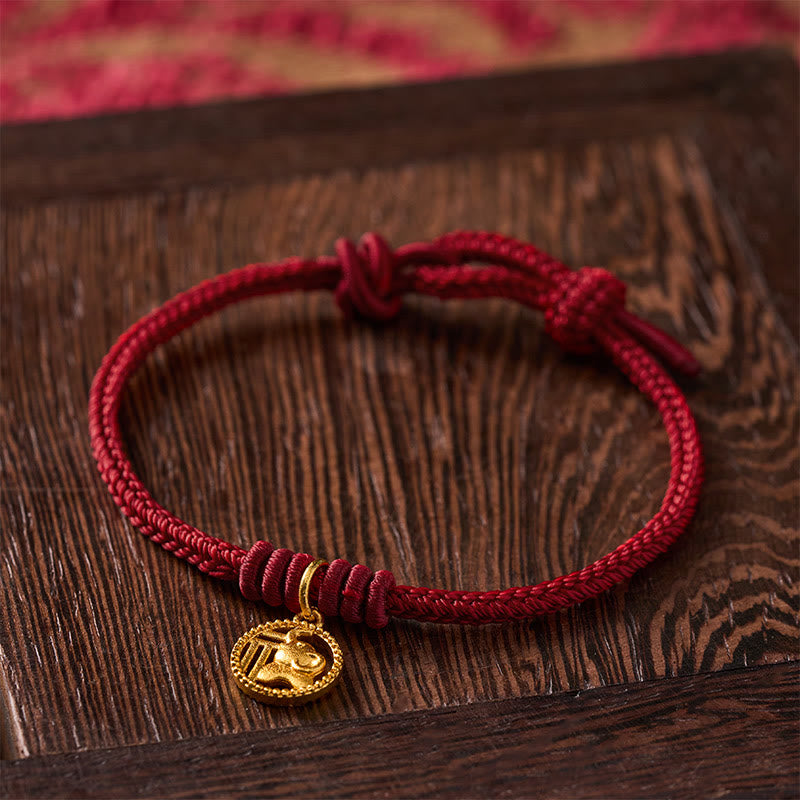 Buddha Stones Elephant Fu Character Gold Plated Copper Red String Wealth Bracelet