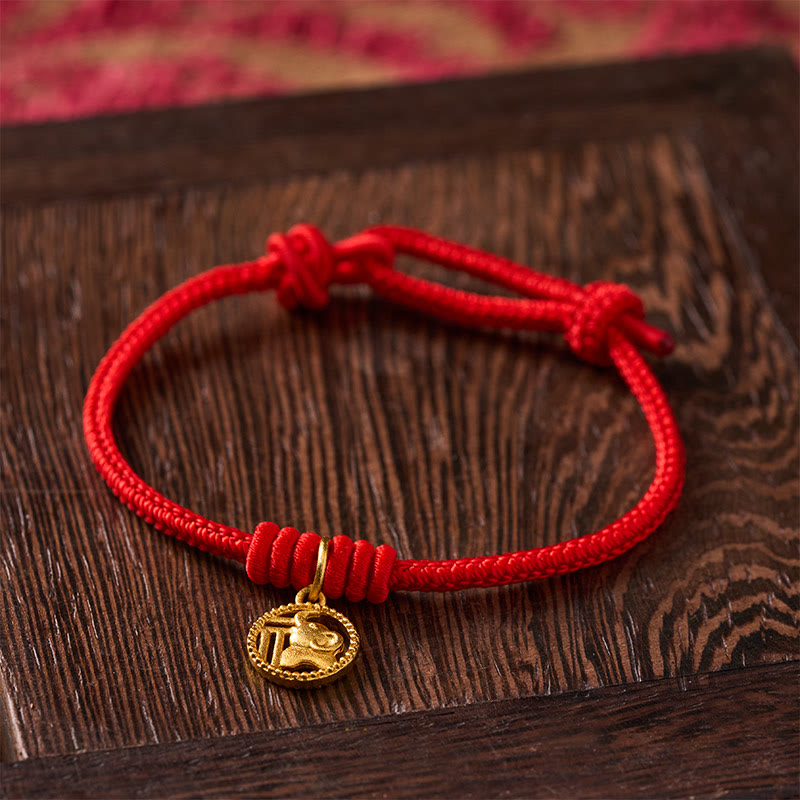 Buddha Stones Elephant Fu Character Gold Plated Copper Red String Wealth Bracelet
