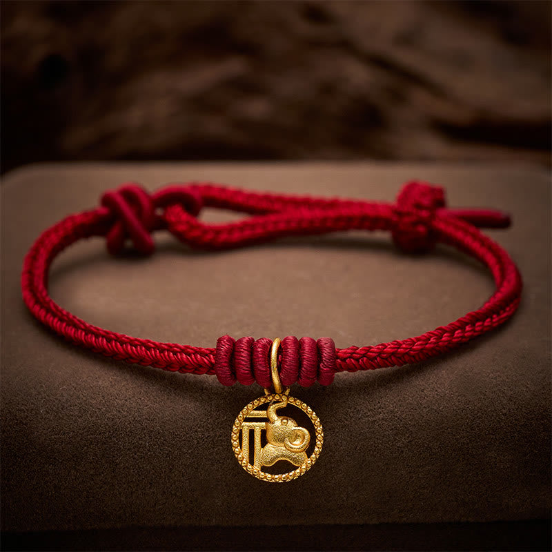 Buddha Stones Elephant Fu Character Gold Plated Copper Red String Wealth Bracelet