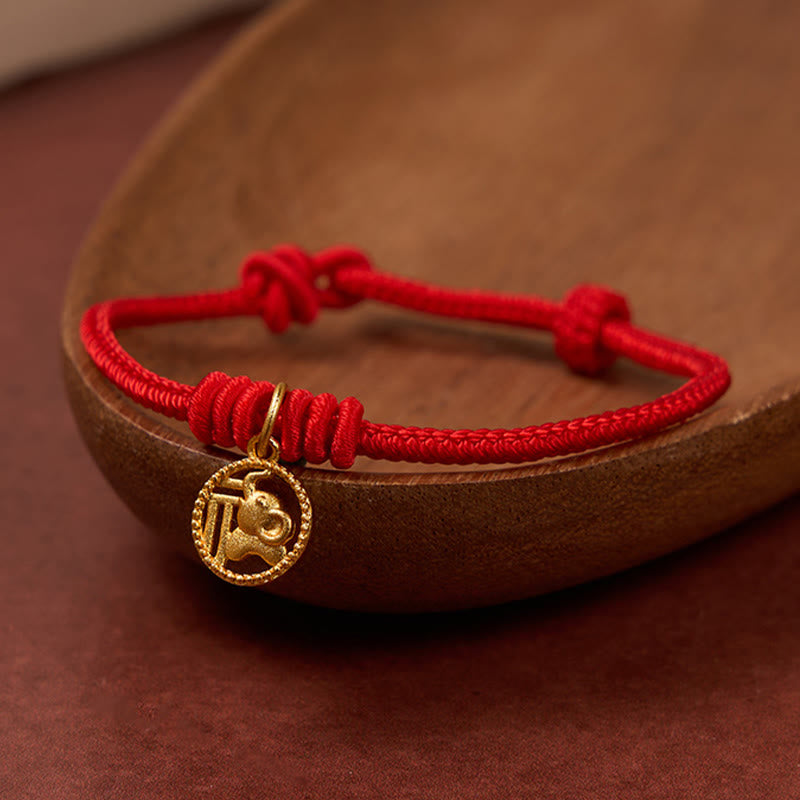 Buddha Stones Elephant Fu Character Gold Plated Copper Red String Wealth Bracelet