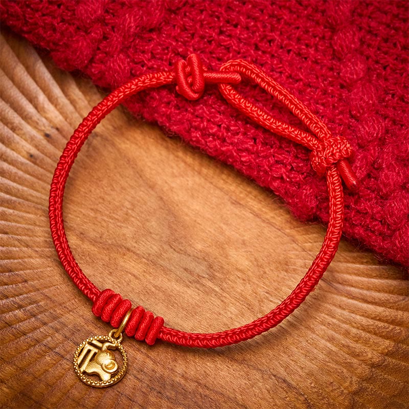 Buddha Stones Elephant Fu Character Gold Plated Copper Red String Wealth Bracelet