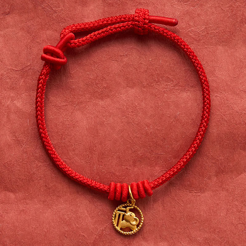 Buddha Stones Elephant Fu Character Gold Plated Copper Red String Wealth Bracelet