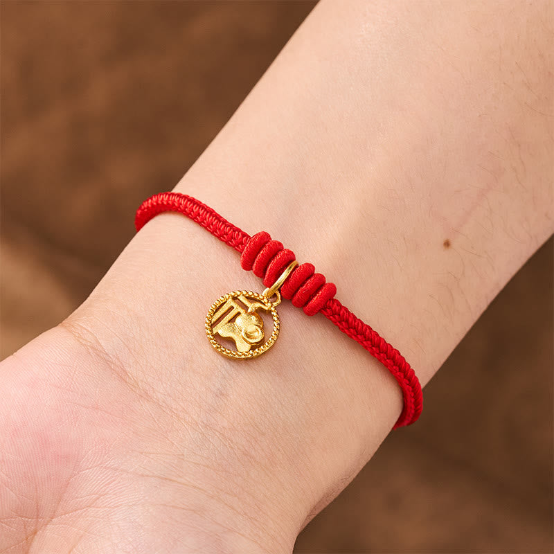 Buddha Stones Elephant Fu Character Gold Plated Copper Red String Wealth Bracelet