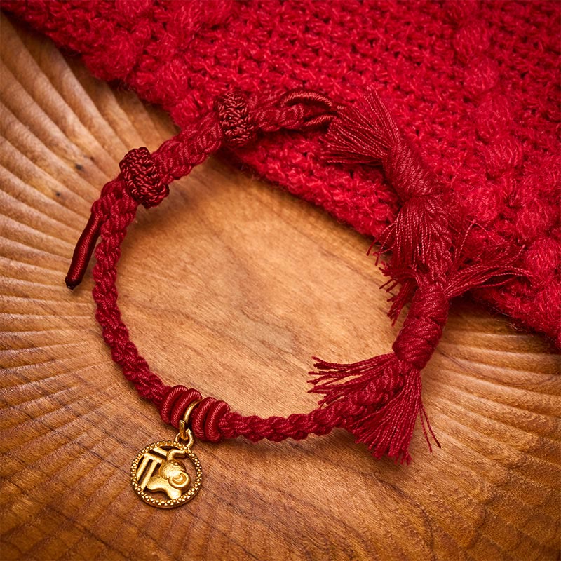 Buddha Stones Elephant Fu Character Gold Plated Copper Red String Balance Tibet Bracelet