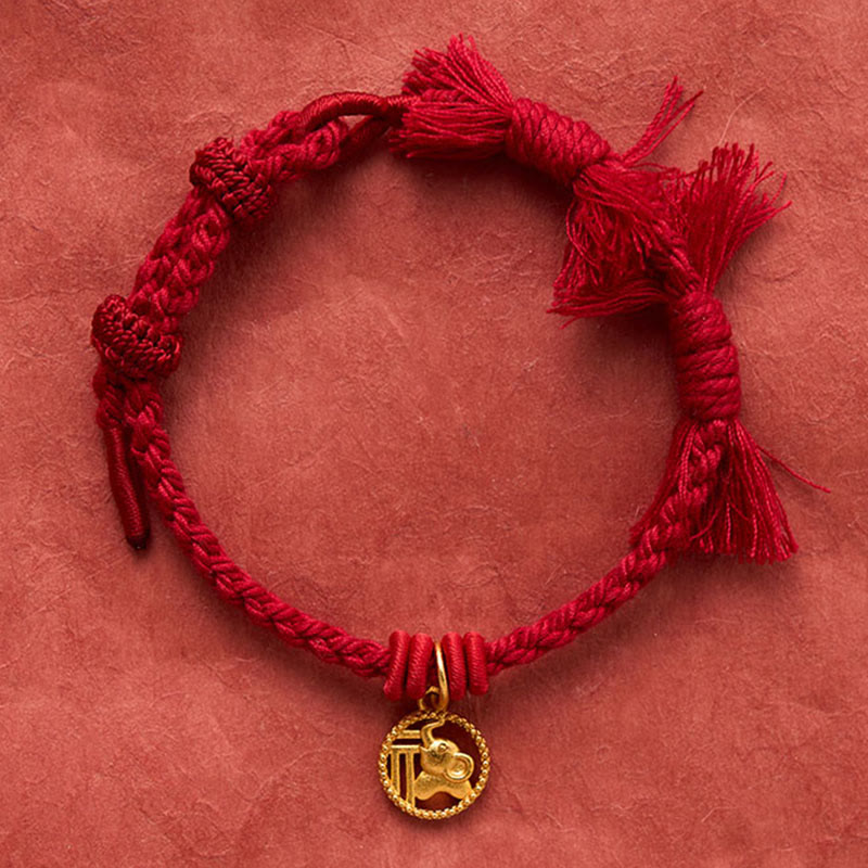 Buddha Stones Elephant Fu Character Gold Plated Copper Red String Balance Tibet Bracelet