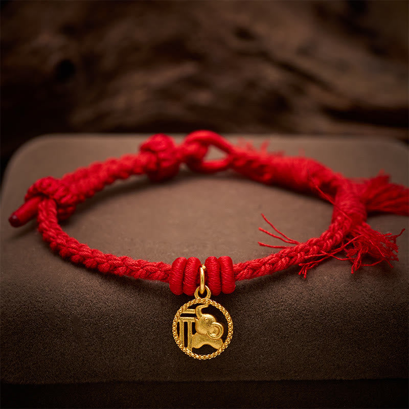 Buddha Stones Elephant Fu Character Gold Plated Copper Red String Balance Tibet Bracelet