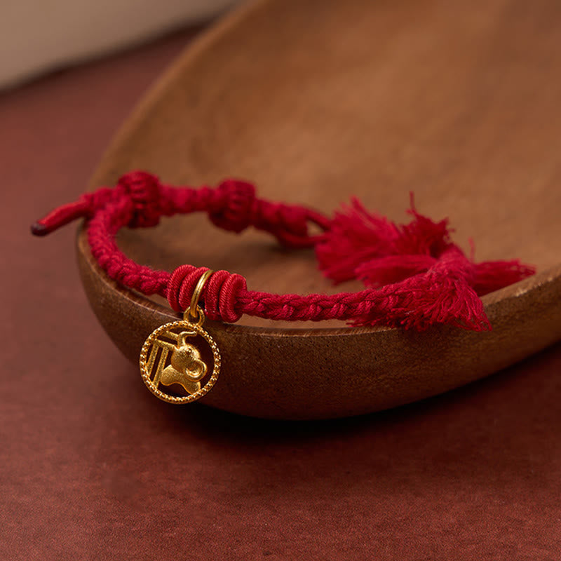 Buddha Stones Elephant Fu Character Gold Plated Copper Red String Balance Tibet Bracelet