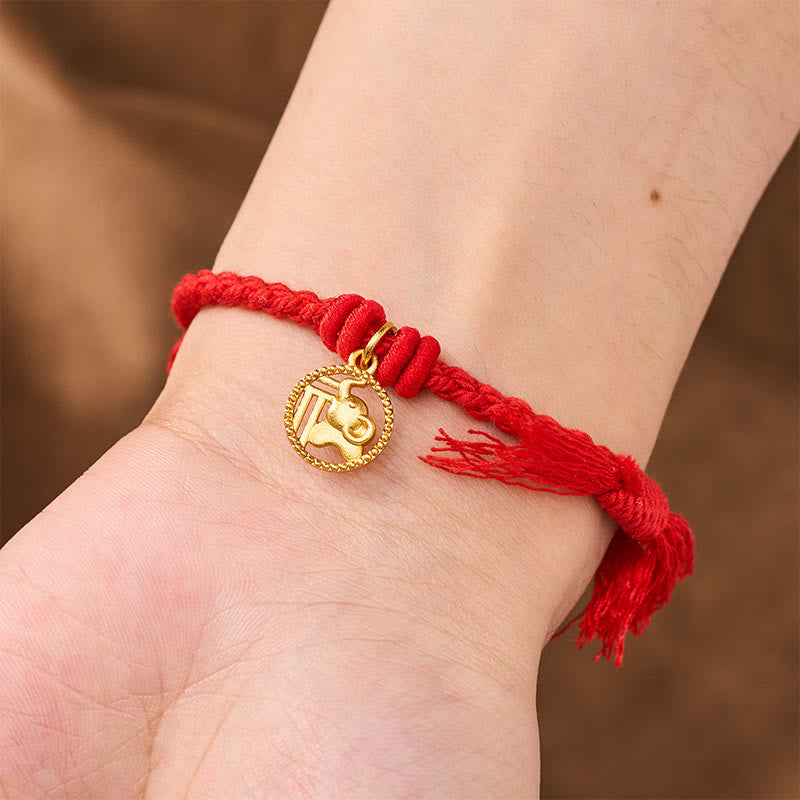 Buddha Stones Elephant Fu Character Gold Plated Copper Red String Balance Tibet Bracelet