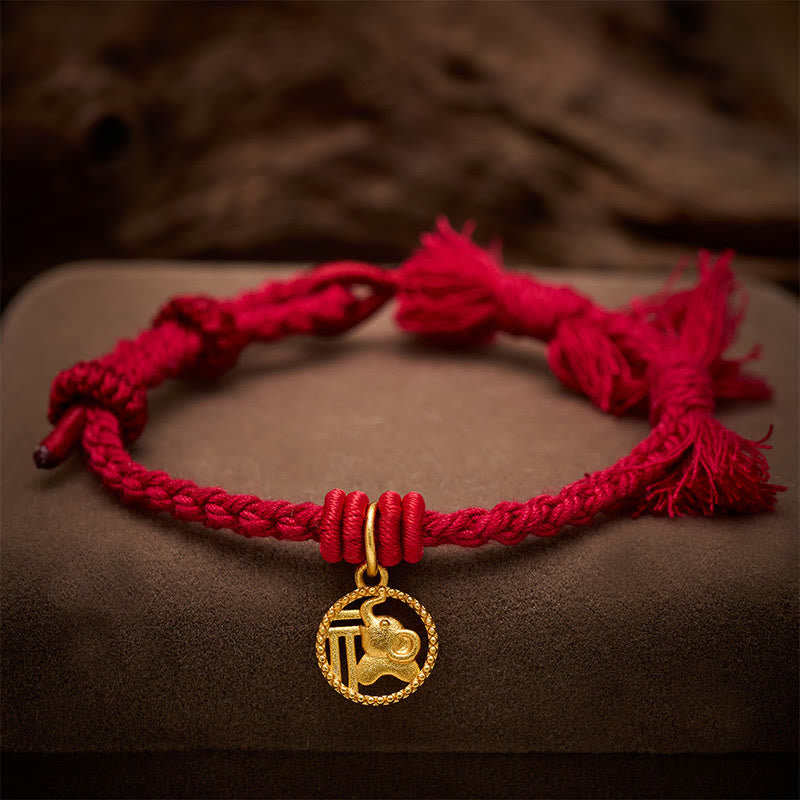 Buddha Stones Elephant Fu Character Gold Plated Copper Red String Balance Tibet Bracelet