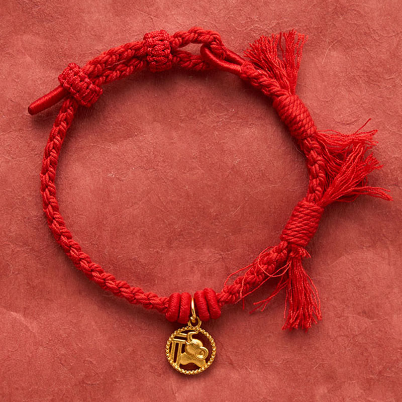 Buddha Stones Elephant Fu Character Gold Plated Copper Red String Balance Tibet Bracelet