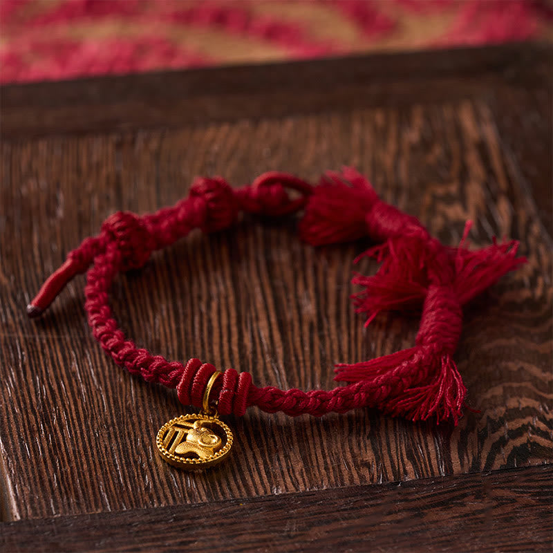 Buddha Stones Elephant Fu Character Gold Plated Copper Red String Balance Tibet Bracelet