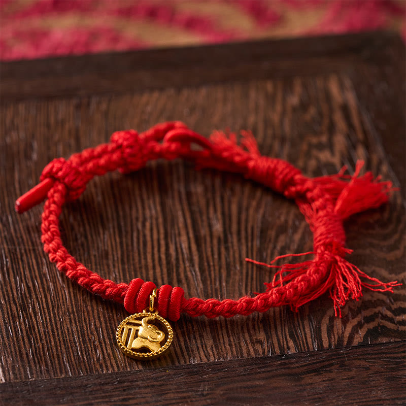Buddha Stones Elephant Fu Character Gold Plated Copper Red String Balance Tibet Bracelet