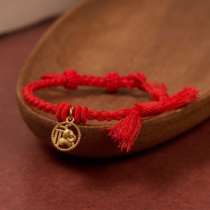 Buddha Stones Elephant Fu Character Gold Plated Copper Red String Balance Tibet Bracelet