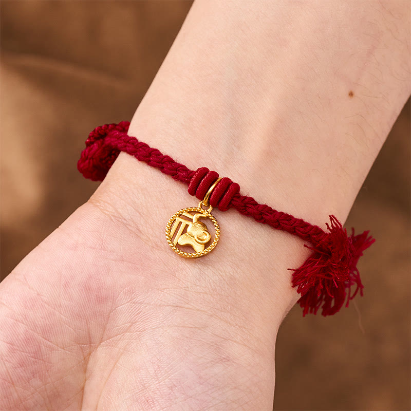 Buddha Stones Elephant Fu Character Gold Plated Copper Red String Balance Tibet Bracelet
