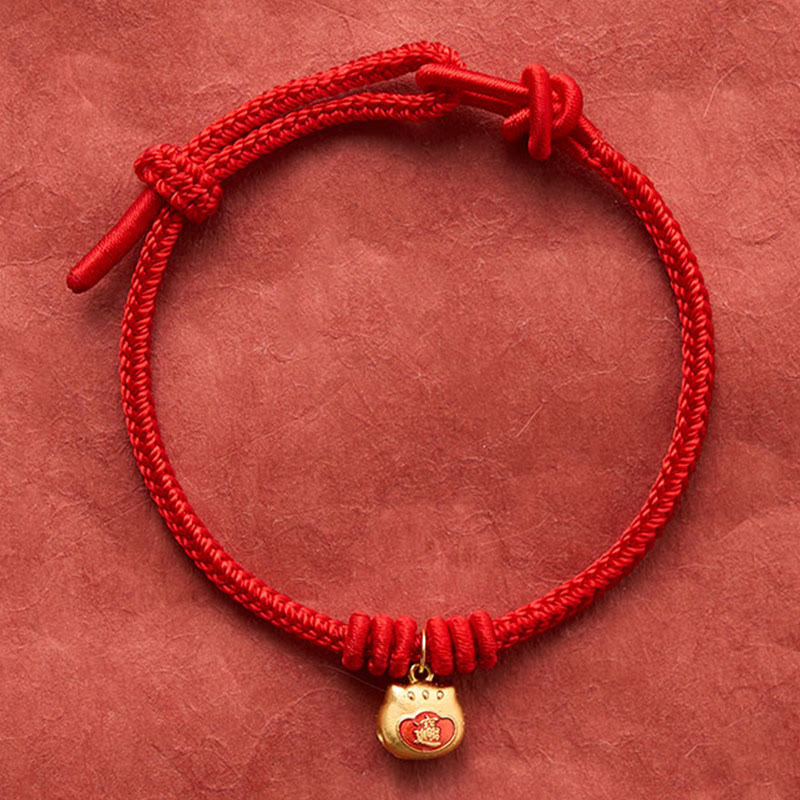 Buddha Stones Gold Plated 925 Sterling Silver Cat Red String Protection Bracelet