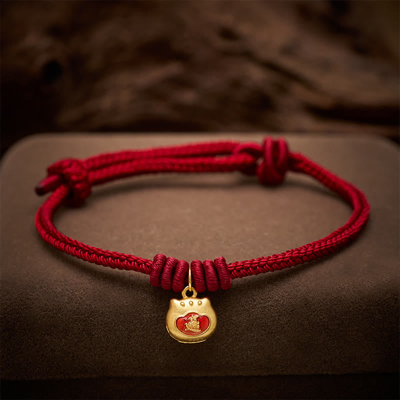 Buddha Stones Gold Plated 925 Sterling Silver Cat Red String Protection Bracelet