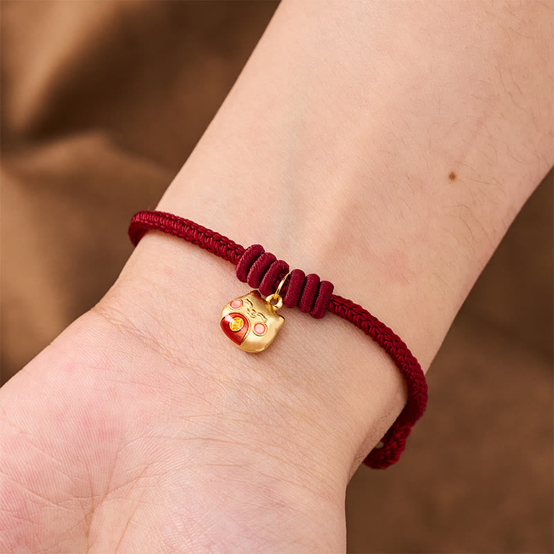 Buddha Stones Gold Plated 925 Sterling Silver Cat Red String Protection Bracelet