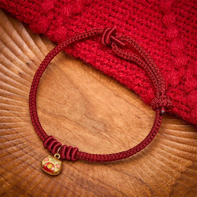 Buddha Stones Gold Plated 925 Sterling Silver Cat Red String Protection Bracelet
