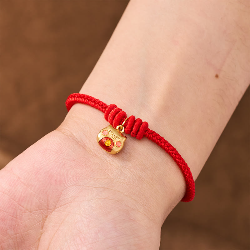 Buddha Stones Gold Plated 925 Sterling Silver Cat Red String Protection Bracelet