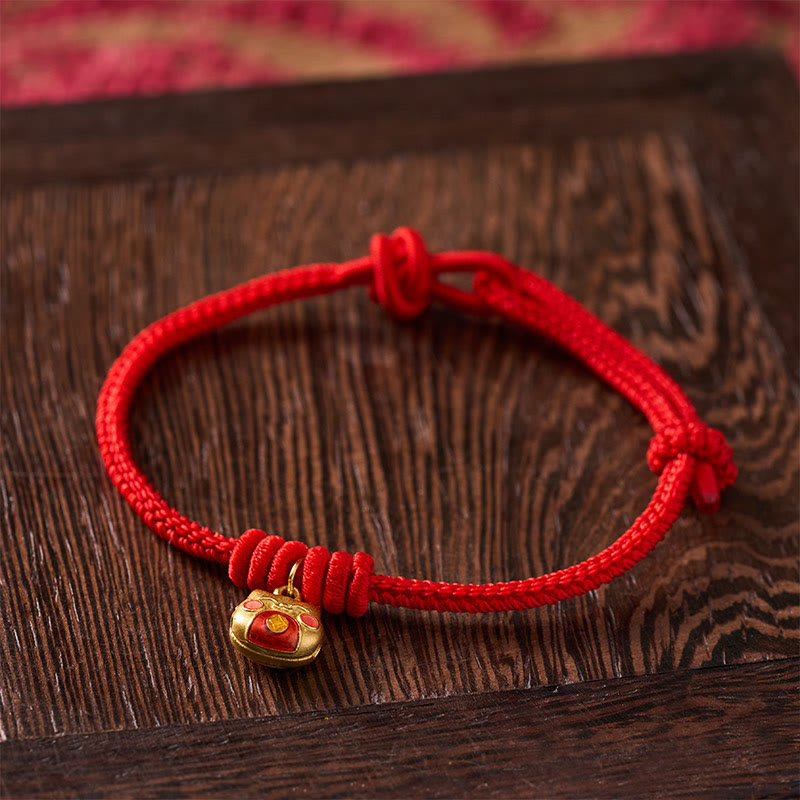 Buddha Stones Gold Plated 925 Sterling Silver Cat Red String Protection Bracelet