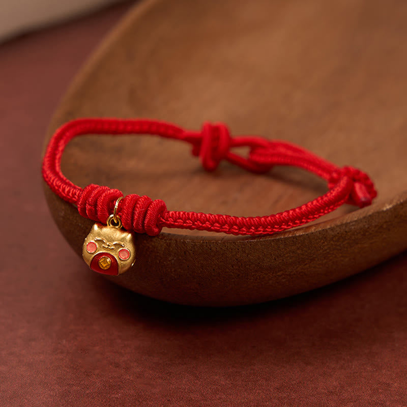 Buddha Stones Gold Plated 925 Sterling Silver Cat Red String Protection Bracelet