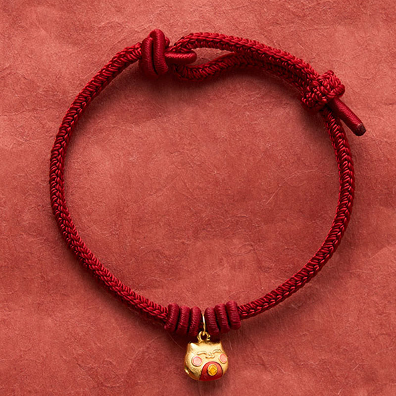 Buddha Stones Gold Plated 925 Sterling Silver Cat Red String Protection Bracelet