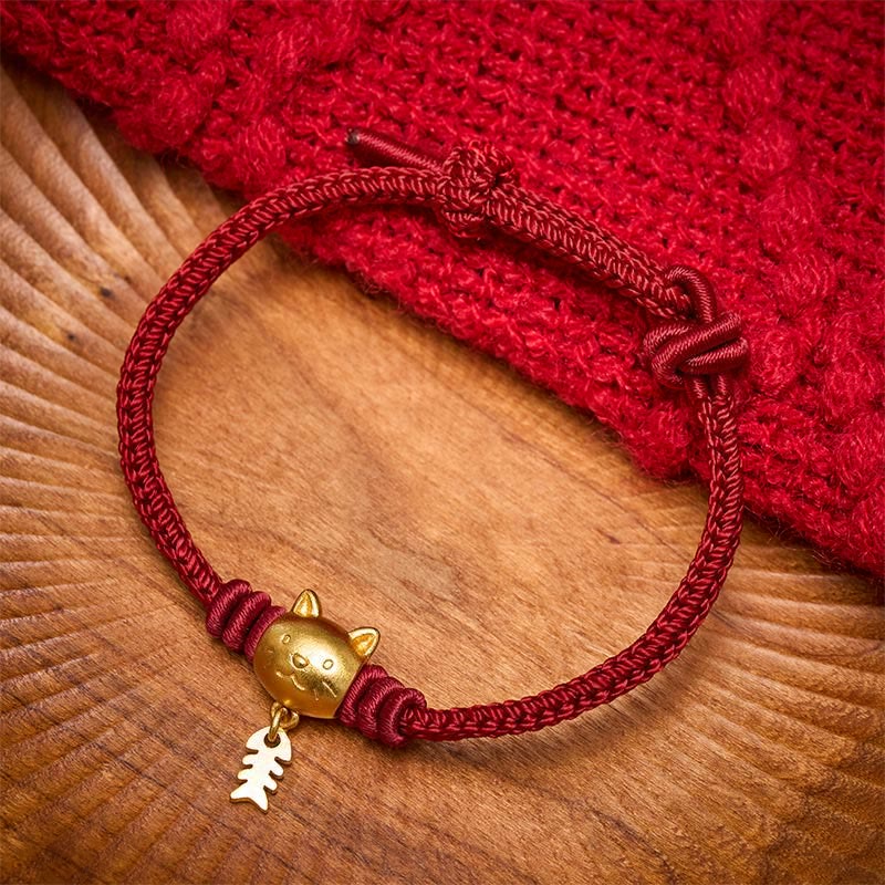 Buddha Stones Copper Cute Cat Fish Red String Healing Bracelet