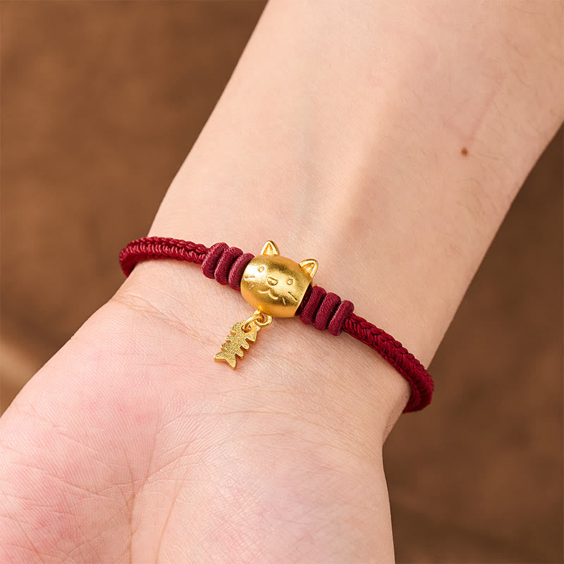 Buddha Stones Copper Cute Cat Fish Red String Healing Bracelet