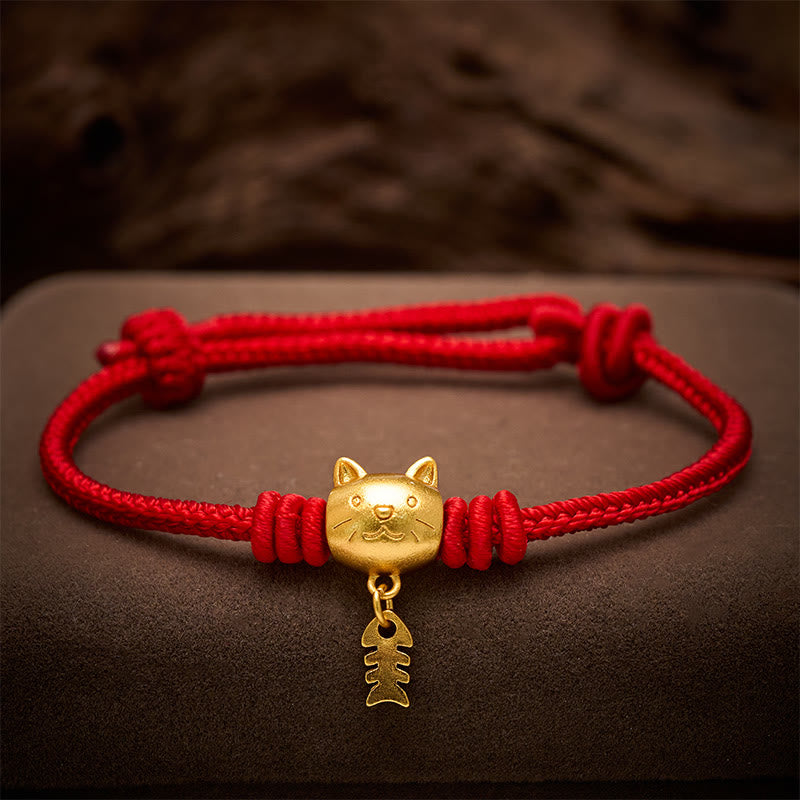 Buddha Stones Copper Cute Cat Fish Red String Healing Bracelet
