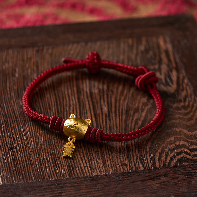 Buddha Stones Copper Cute Cat Fish Red String Healing Bracelet