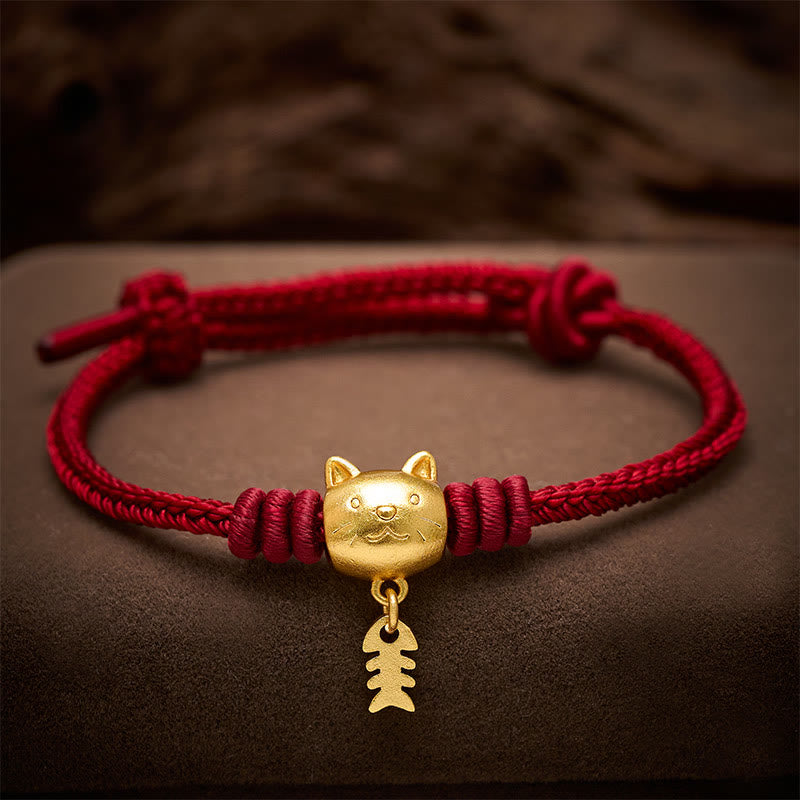 Buddha Stones Copper Cute Cat Fish Red String Healing Bracelet