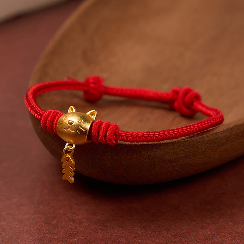 Buddha Stones Copper Cute Cat Fish Red String Healing Bracelet