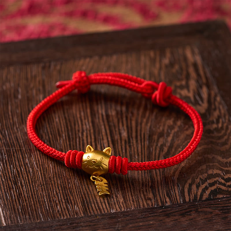 Buddha Stones Copper Cute Cat Fish Red String Healing Bracelet