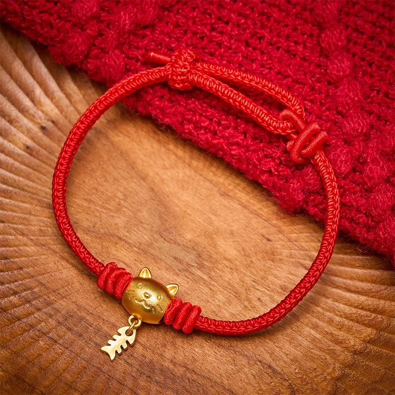 Buddha Stones Copper Cute Cat Fish Red String Healing Bracelet