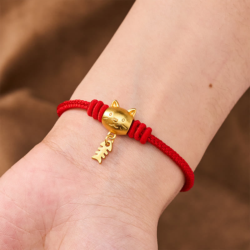 Buddha Stones Copper Cute Cat Fish Red String Healing Bracelet