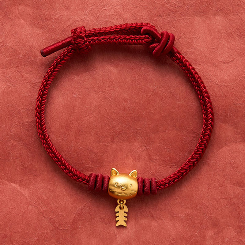 Buddha Stones Copper Cute Cat Fish Red String Healing Bracelet
