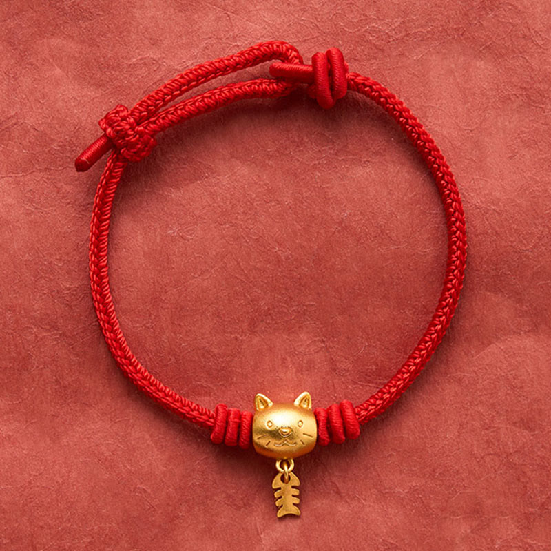 Buddha Stones Copper Cute Cat Fish Red String Healing Bracelet