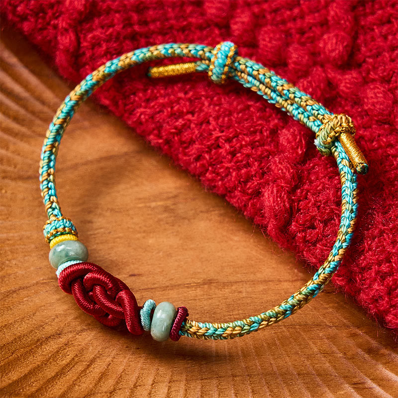 Buddha Stones Handmade Braided Yellow Green Wenchang Knot Jade Luck Adjustable Bracelet